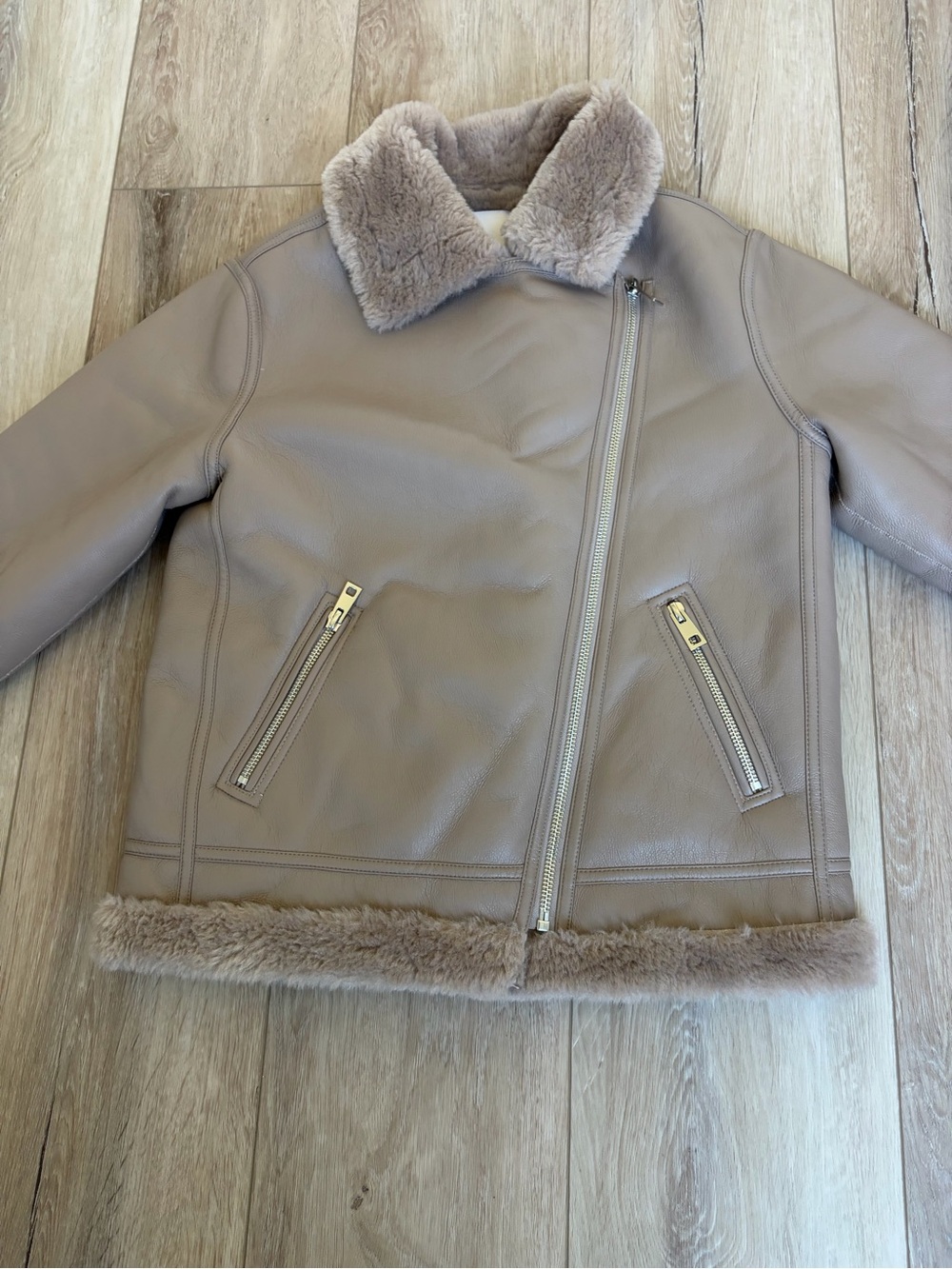 Mango taupe pink leather jacket with faux fur